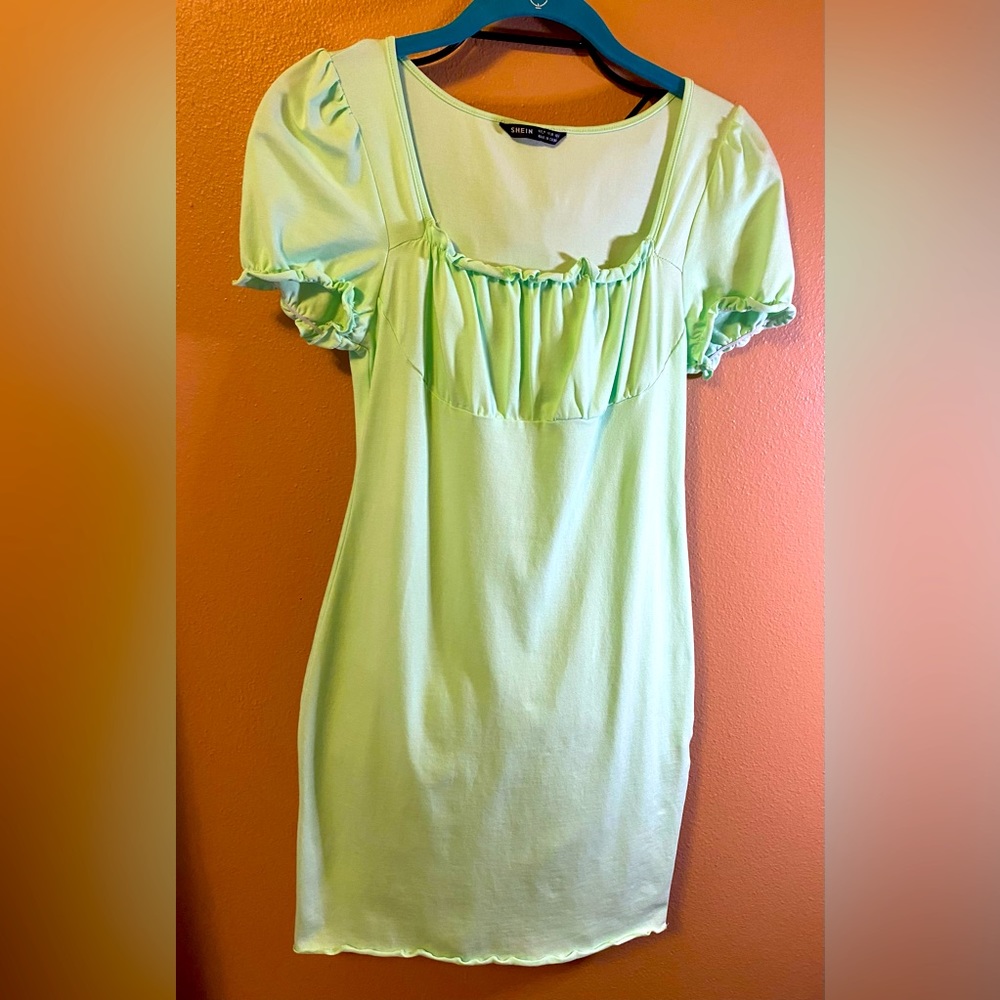 Shein  soft lime bodycon dress with puffed sleeves